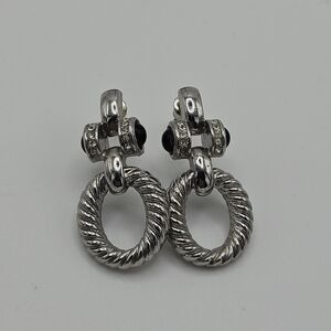 silver tone cable doorknocker style earrings with black and clear accents